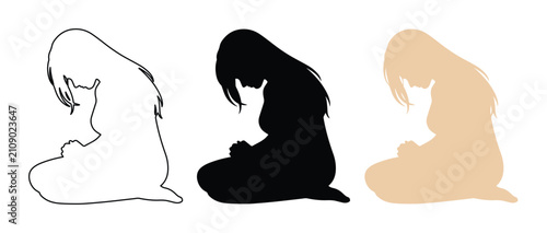 Картината върху платно Woman kneeling silhouette, outline, and flat color vector set