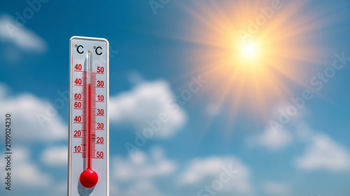 Thermometer showing high heat levels on a hot sunny day with a blue sky background.
