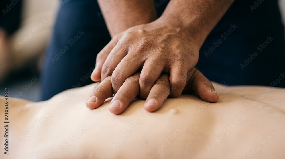 Fototapeta premium Close up of hands performing chest compressions on a medical mannequin during a cardiopulmonary resuscitation, cpr, training session for safety