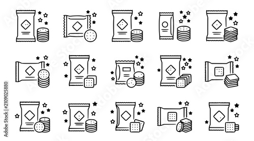 Snack Packs Icons: Chips, Cookies, Crackers & Biscuits Line Art Collection