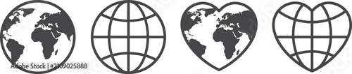 Global earth planet and heart shaped world globe icons set for environmental protection charity and international peace concepts