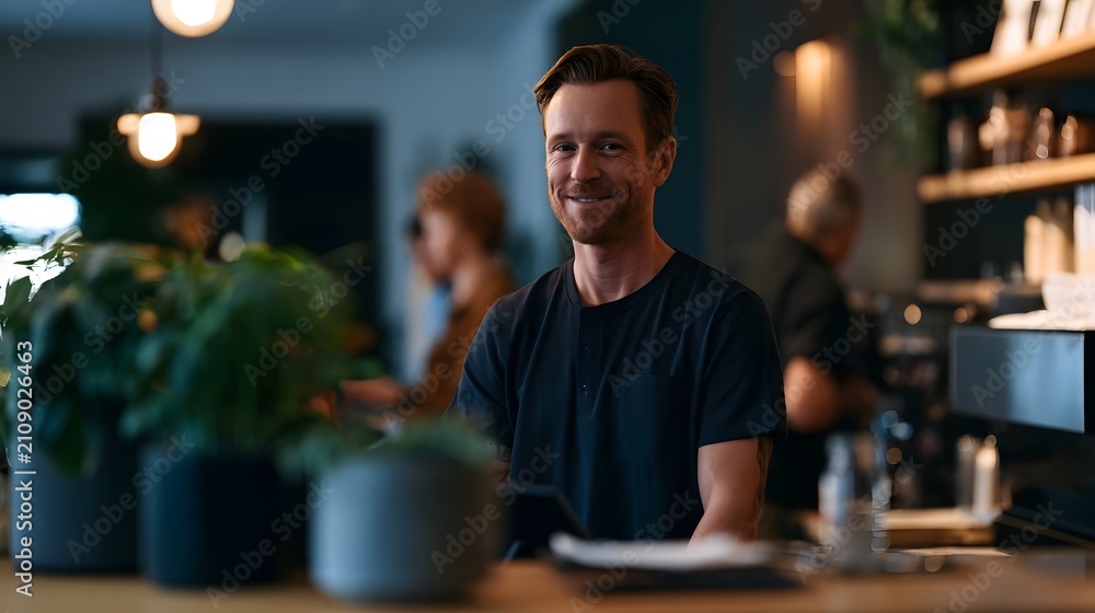 Fototapeta premium A smiling man with short hair and a beard sits at a wooden counter in a warmly lit cafe or restaurant surrounded by potted plants