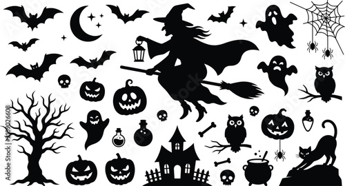 Photography Halloween silhouette collection with witch, bats and pumpkins