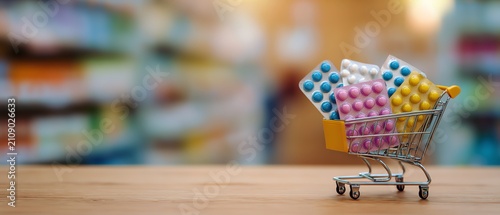 Shopping cart filled with colorful medicine packs.