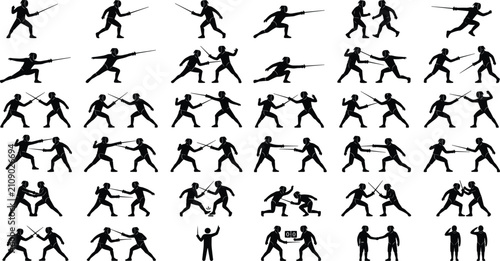 Bild auf Leinwand Fencing sport silhouettes set showing athletes in action poses, duels, attacks, and defending postures