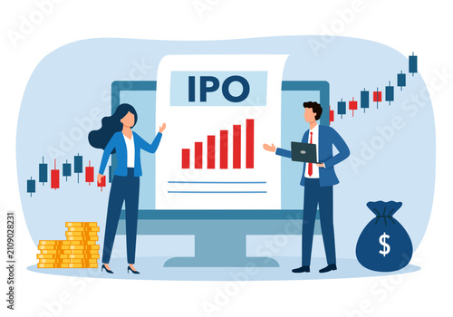 Investor buying IPO, focusing on potential returns, passive income, and innovative financial strategies. People invests in new share and IPO concept