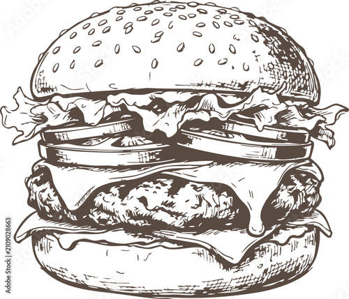 A detailed hand drawn sketch of a classic cheeseburger with lettuce and tomato isolated on a simple white background Vector