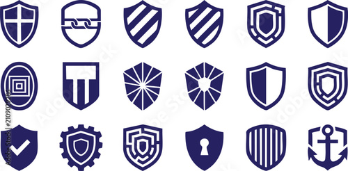 Set of blue shield icons for security and protection concepts featuring various geometric patterns isolated on white Vector