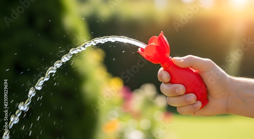Hand holding a red flower water sprayer in a sunny garden for irrigation