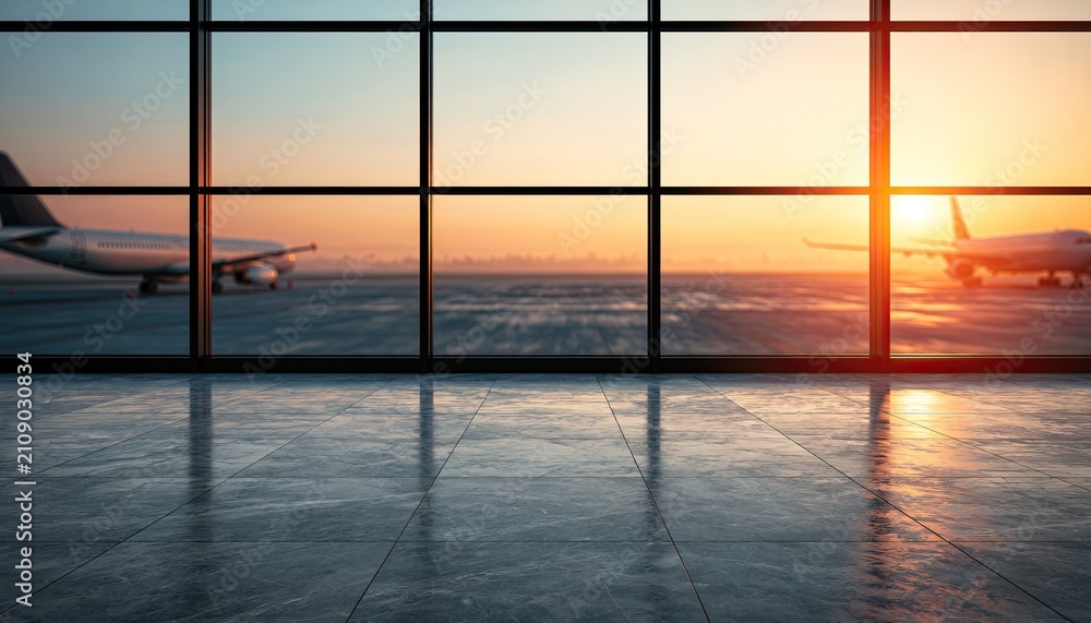 Fototapeta premium Airport Terminal Window View of Airplanes at Sunset.