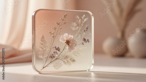 Delicate floral art display encased in clear resin with soft natural light and minimalistic decor