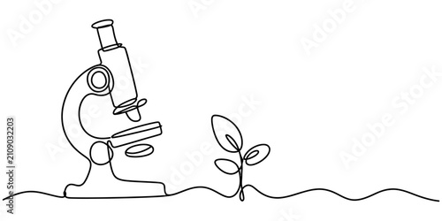 Continuous single line drawing of a microscope and a small sprout plant