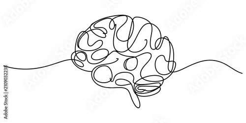 Human brain drawn with a single continuous black line on a plain surface