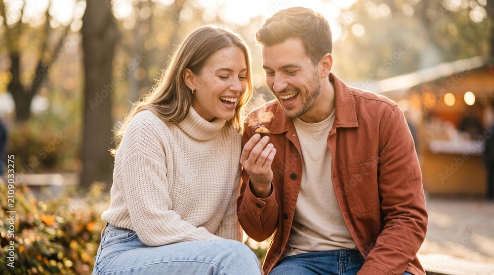 Fototapeta premium Couple enjoying time in a park during autumn afternoon, sharing laughter and a treat in the sunshine