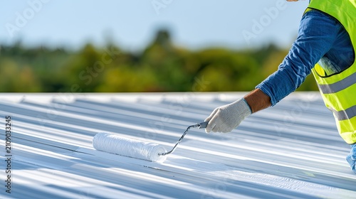 Worker painting a metal roof with a roller in bright daylight.
