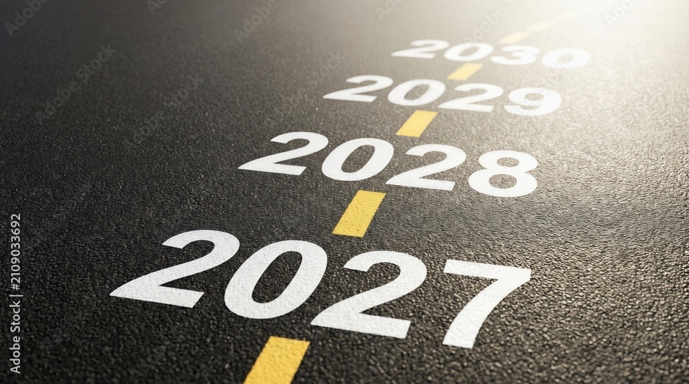 Fototapeta premium Road perspective with years 2027 to 2030 marking future goals and timeline concept
