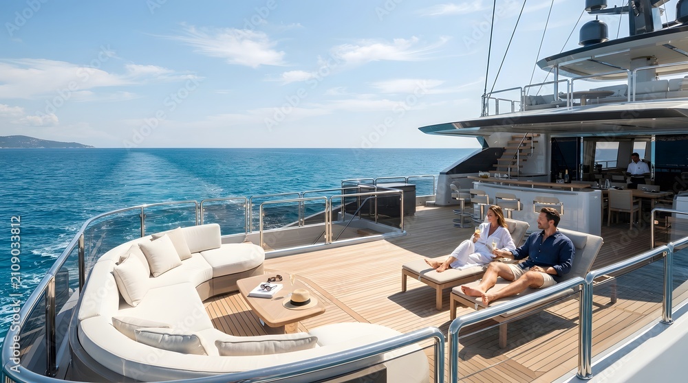 Fototapeta premium Wealthy Couple Relaxing on Luxury Yacht Deck Overlooking Deep Ocean