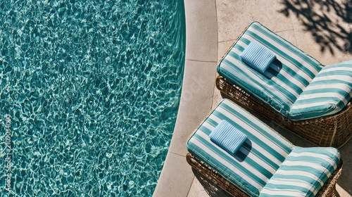 Luxury poolside loungers with striped cushions and towels beside clear blue water.