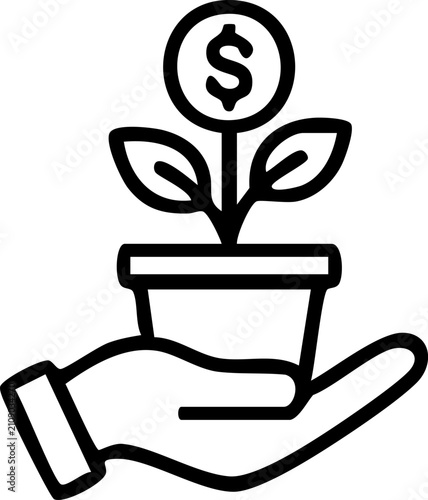 A black line icon of a hand holding a flower pot with a money coin sign growing like a plant for financial growth Vector