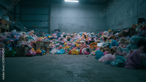 Warehouse filled with enormous amounts of discarded toys and dolls in gloom.