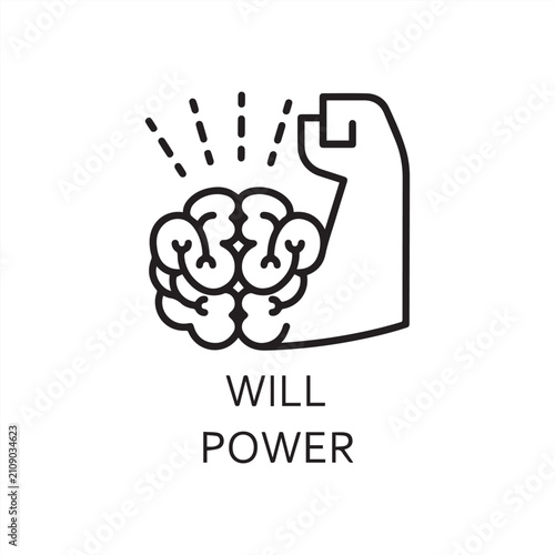 Bild auf Leinwand Black flat line vector icon with a picture of willpower as brain and muscle hand on white background