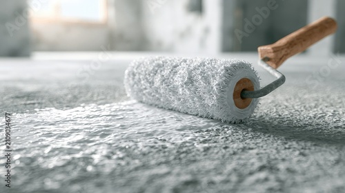 Close-up of a paint roller applying white paint to a textured surface.