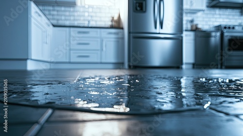 Kitchen Floor Flooded with Water Near Refrigerator and Cabinets.
