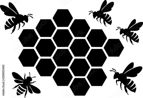 Black silhouette of honey bees flying around a geometric honeycomb pattern isolated on a plain white background design Vector