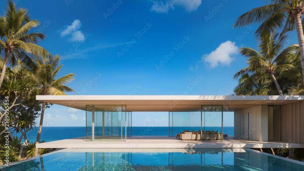 Fototapeta premium Luxury Oceanfront Villa with Infinity Pool and Palm Trees