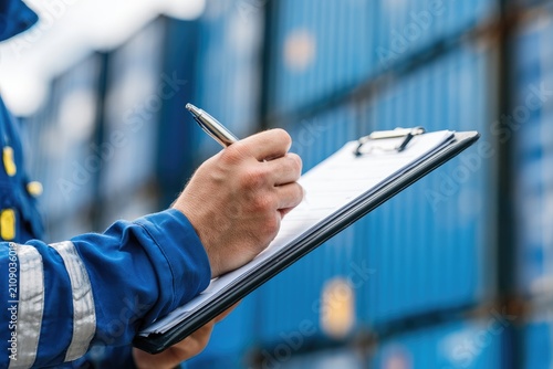Logistics worker inspecting cargo containers with clipboard and pen.