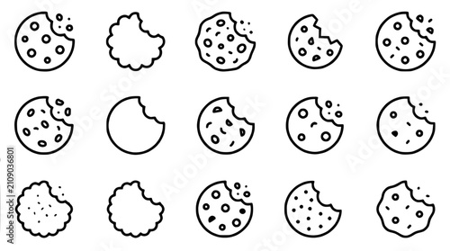 фотографія Bitten Cookies Icons Set, Sweet Snack, Food Outline Illustrations