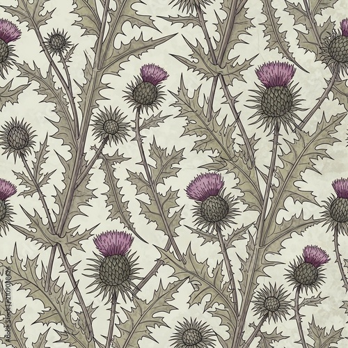 Whispers of Thistle: A Botanical Tapestry in Sepia and Rose