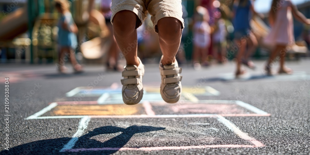 Fototapeta premium Children playing hopscotch on a sunny day in the playground.