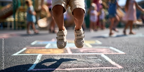 Children playing hopscotch on a sunny day in the playground.