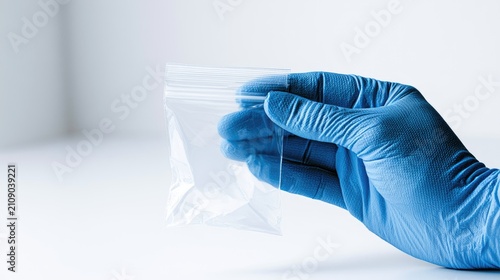 Hand in Blue Glove Holding Empty Transparent Plastic Bag.