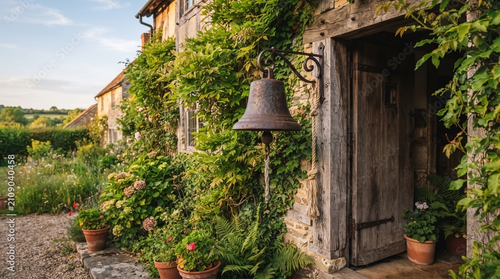 Fototapeta premium Traditional Iron Bell Hanging at Rustic Farmhouse Entrance