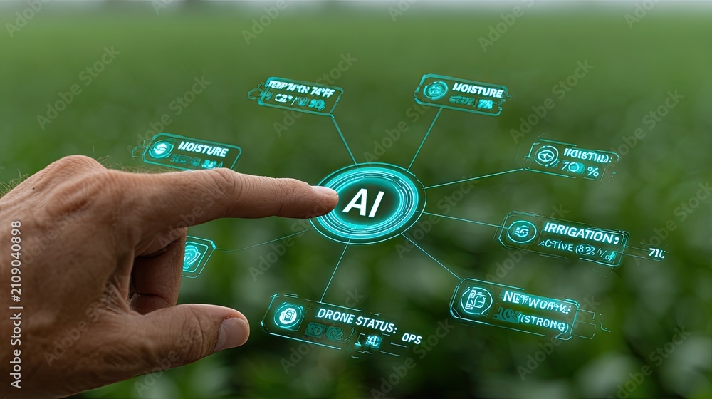 Fototapeta premium AI technology interface interacting with agricultural field data analysis.