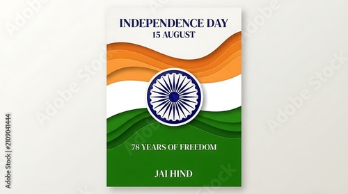 Paper cut style independence day india poster with tricolor waves.