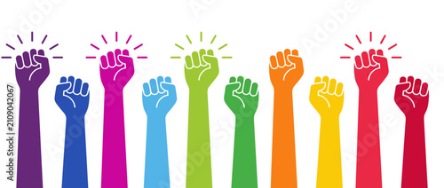 Raised fists in protest. Diverse colorful hands showing unity and social activism.