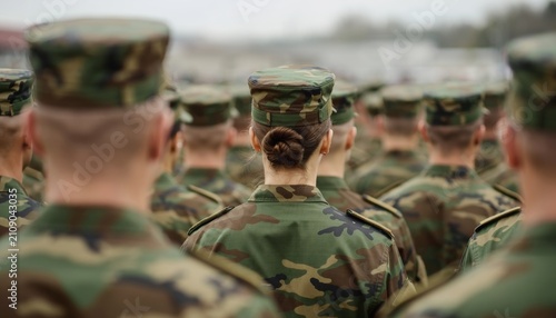 Military soldiers in camouflage uniforms standing in formation
