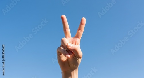Hand making a victory peace sign gesture against a clear blue sky