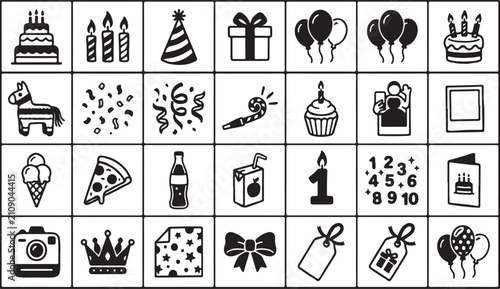 Birthday and party celebration set featuring cakes, candles, gifts, balloons, snacks, and festive decorations in black and white style