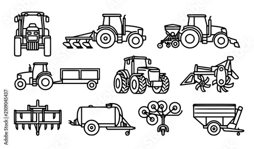 Fotografía Rural Tractor and Agricultural Machinery Outline Flat Vector Icons for Farm Equi