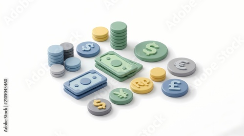 Currency collection featuring soft-touch pastel coins and paper money stacks arranged on a bright white background represents global financial diversity and economic growth in a modern illustrative.
