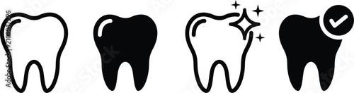 Konstfotografi Teeth icon set featuring molar tooth, sparkle clean hygiene and cavity crack warning symbols in outline and solid filled black styles for dental and healthcare design