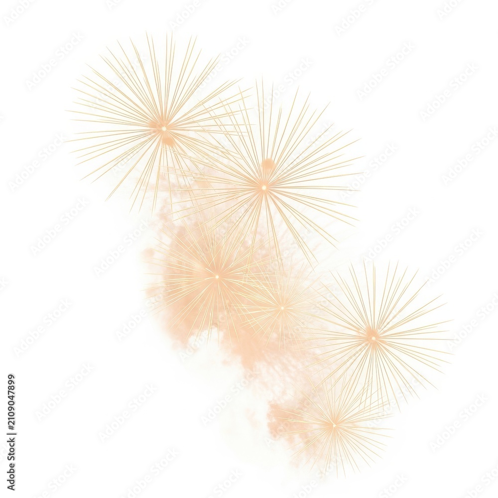 Obraz premium Golden Fireworks Bursts with Soft Smoke Effect Isolated on White Background for Festive Celebration and Holiday Design