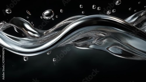 Close-up of shiny liquid metal droplets suspended on black background