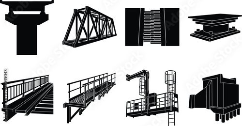 Obraz na płótnie Set of bridge engineering and infrastructure construction element silhouettes in