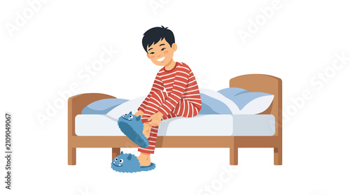 фотографія Asian Boy Removing Blue Monster Slippers Beside Bed