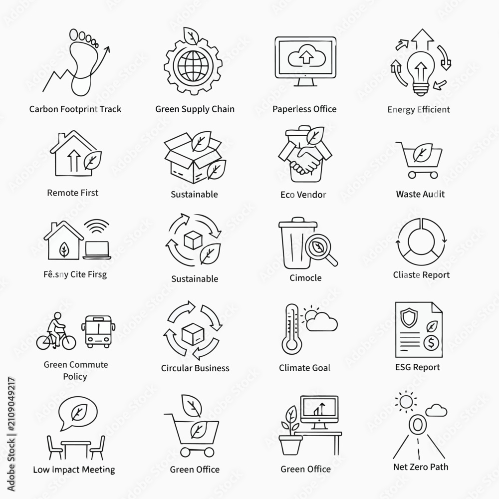 Fototapeta premium Sustainable Business Operations Icon Set Thin Line Vector Modern